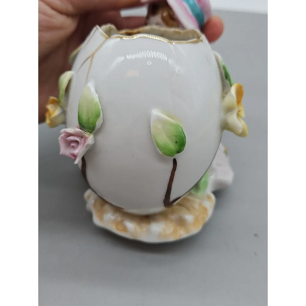 Vintage Ceramic Hand Painted Girl Pink Floral Dress Holding Egg‎ Floral Vase